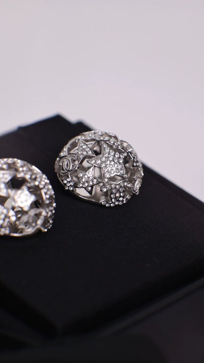 Chanel 25A Silver Sphere Star CC Full Diamond Stud Earrings