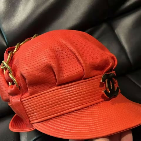 Chanel Vintage Fall 1991 Casquette in Red Leather with Gold CC Logo and Chain Detail