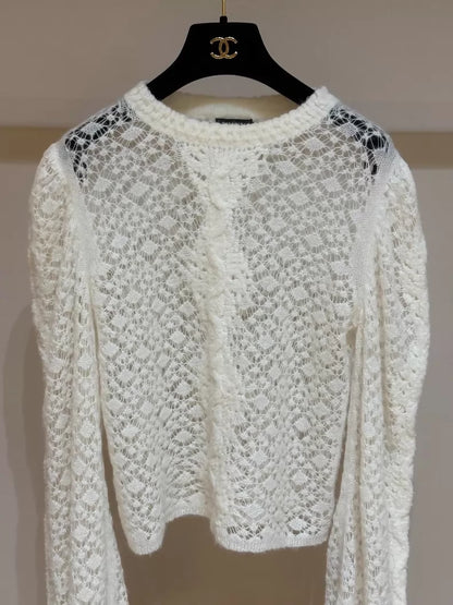 Chanel 23k ecru white crochet puff sleeve cashmere knit top
