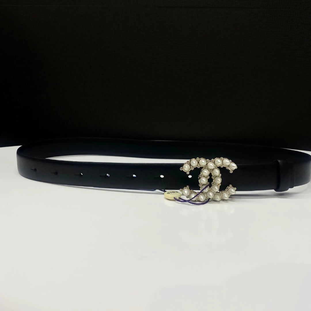 Chanel 22A rhinestone pearl double C black belt