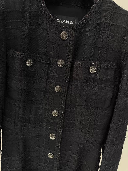 Chanel 23S Black Tweed Long Coat