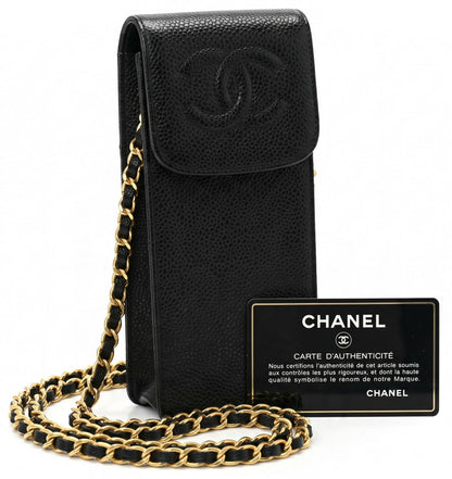 Chanel Vintage Black Caviar CC Phone Holder Pouch Chain Bag GHW