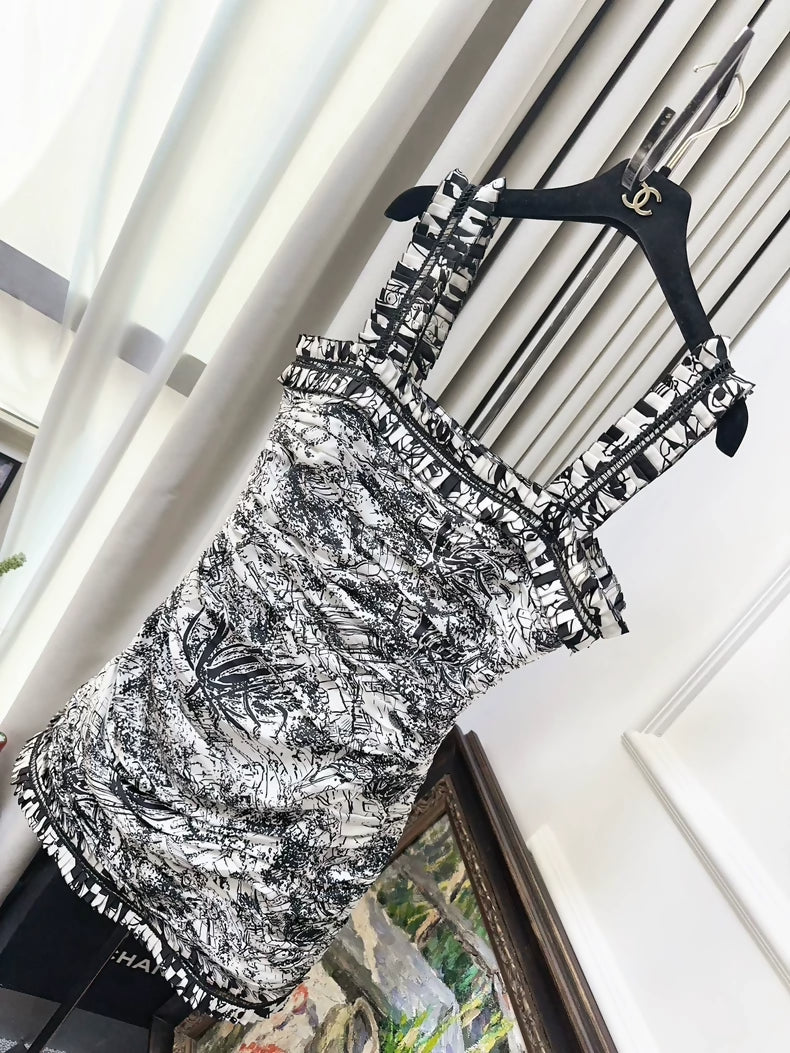 Chanel 22C Black and White Ink Splatter Graffiti Ruffled Black and White Print Bodycon Dress