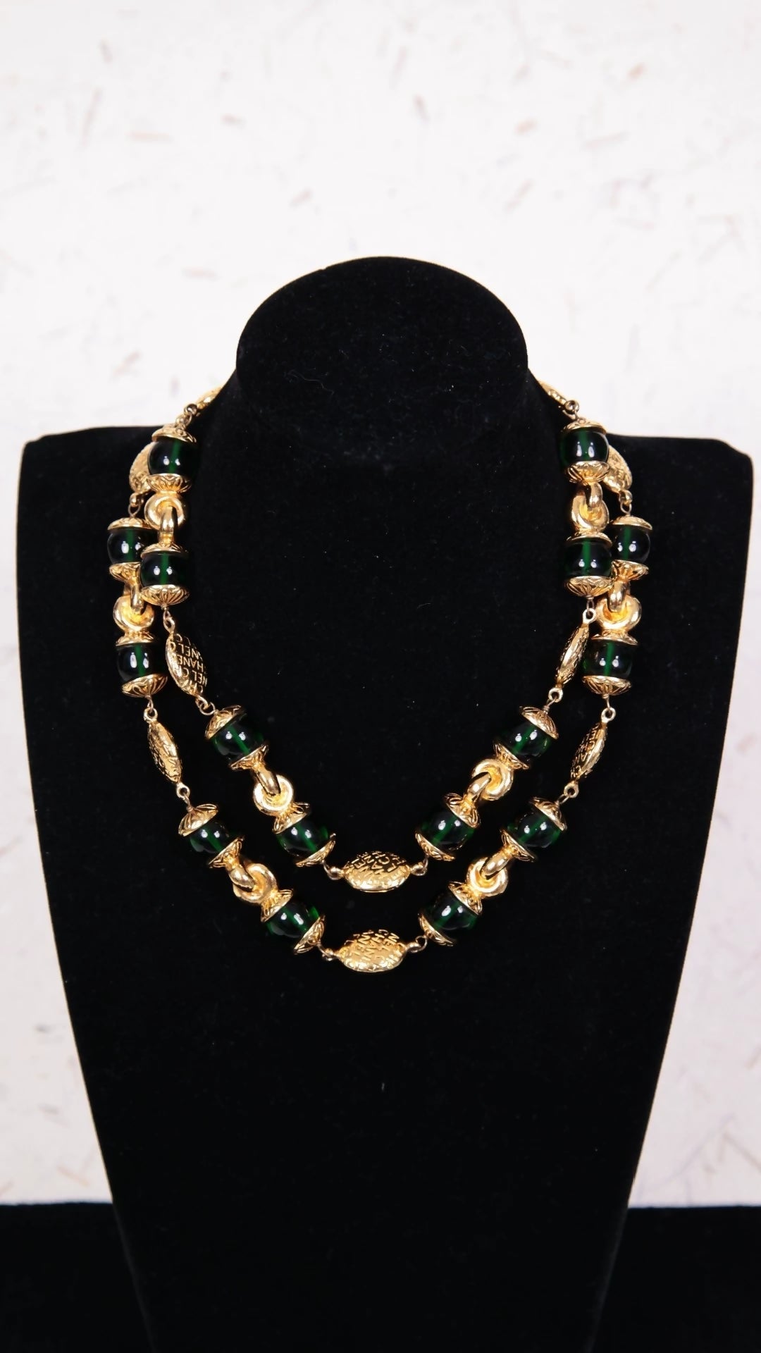 Vintage Chanel Emerald Green Glass and Plain Gold Long Necklace/Sweater Chain