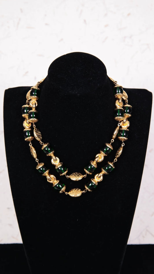 Vintage Chanel Emerald Green Glass and Plain Gold Long Necklace/Sweater Chain
