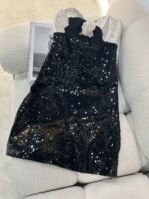 rare vintage Chanel Black and White Sequined Bow Strapless Dress