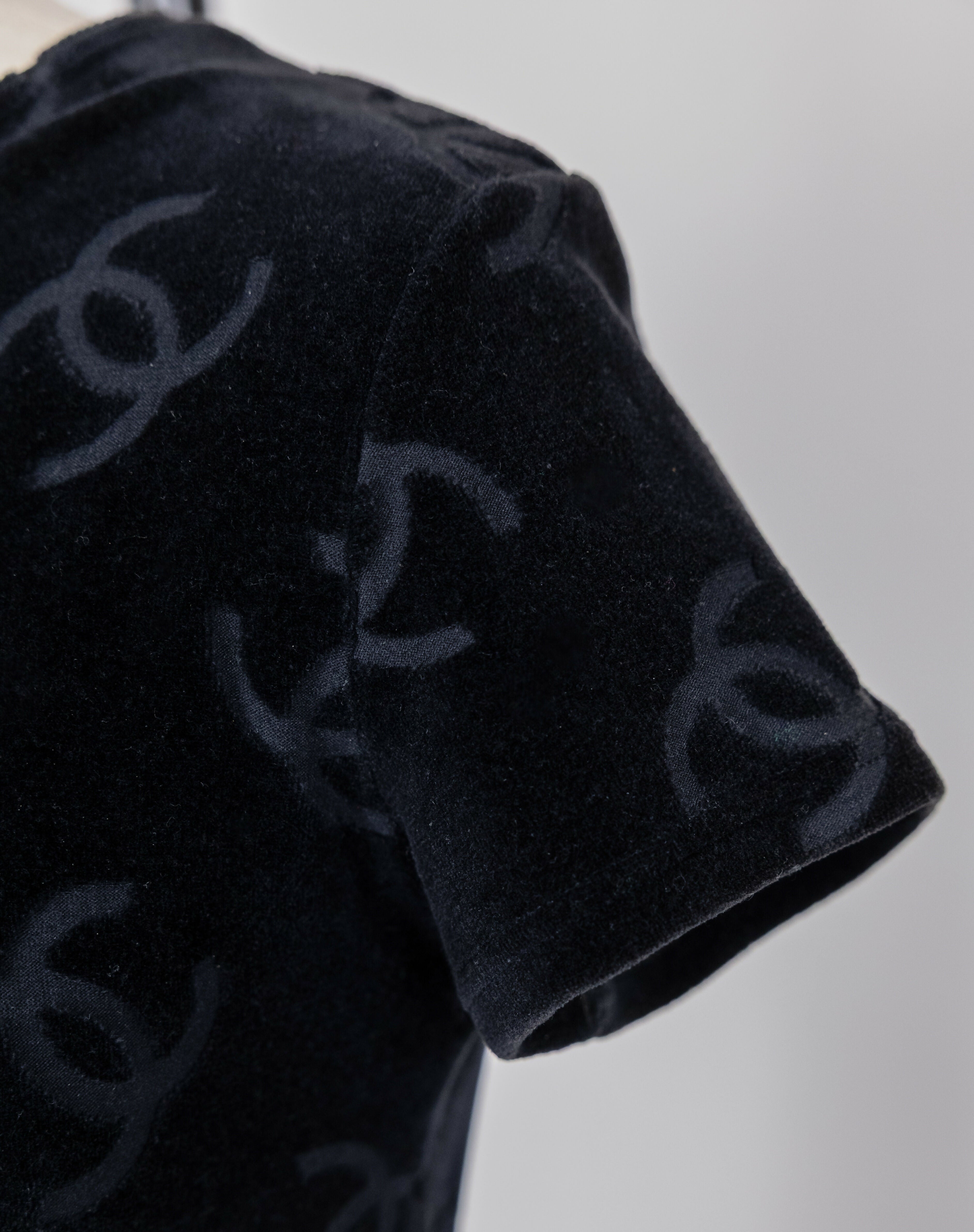 Chanel 1996 Spring/Summer Vintage Black Velour Logo Skirt Set