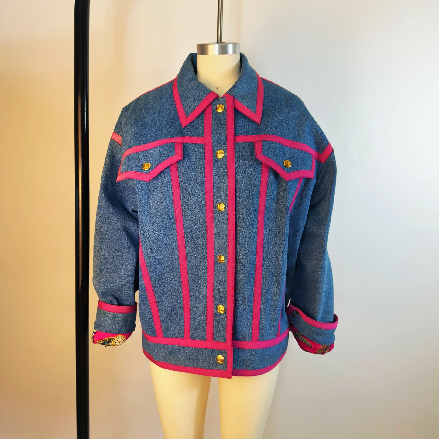 Chanel Vintage 1991 Runway Denim Jacket with Pink Trim and Gold CC Buttons