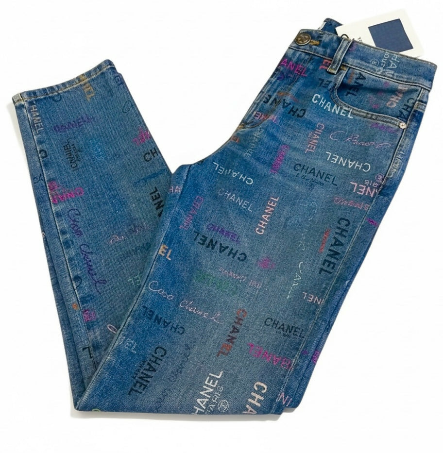 CHANEL 22P Blue & Multicolor Logo Printed Denim Jeans FR 40