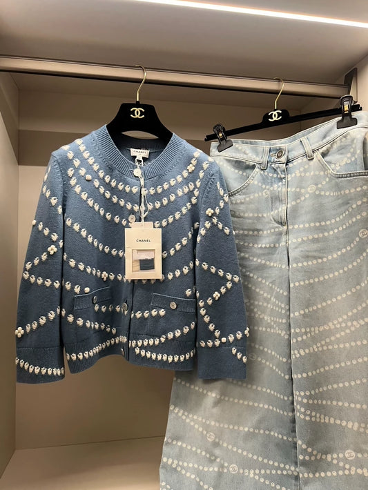 Chanel 25p blue pearl cardigan