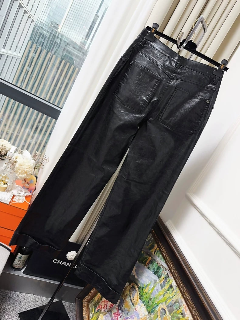 Chanel black leather straight pants