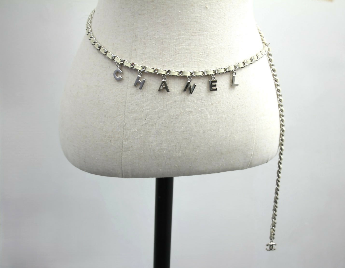 Chanel A12C Leather with Metal Beige White and Silver Waist Chain L95