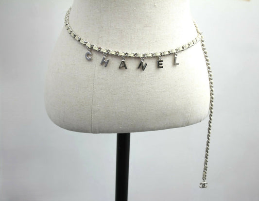 Chanel A12C Leather with Metal Beige White and Silver Waist Chain L95