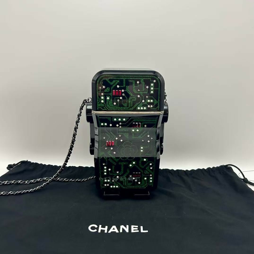 pre-owned chanel limited edition robot minaudière bag black plexiglass and crystals ruthenium hardware