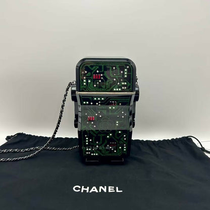 pre-owned chanel limited edition robot minaudière bag black plexiglass and crystals ruthenium hardware