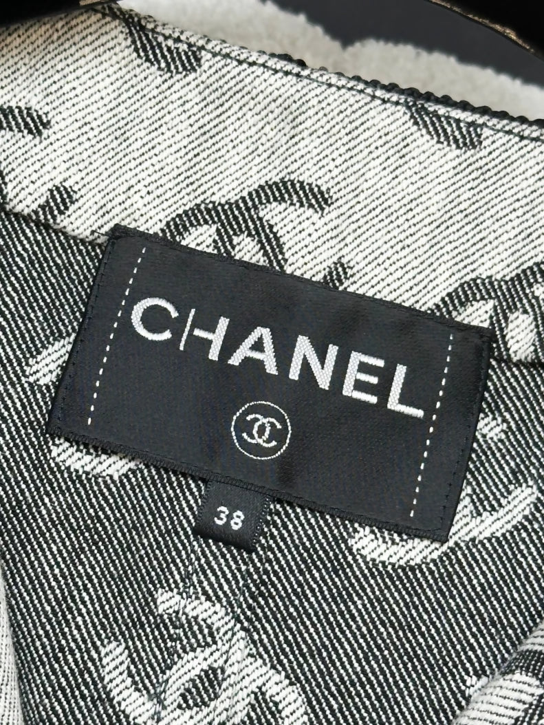 Chanel 2022 grey all-over double C print denim jacket with black sequin trim