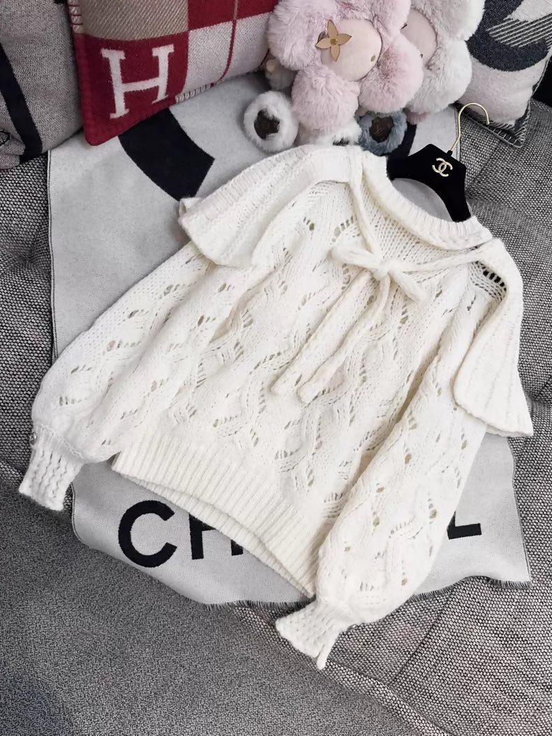 Chanel 21B White Bow Tie Cape Sweater with Heart-Button