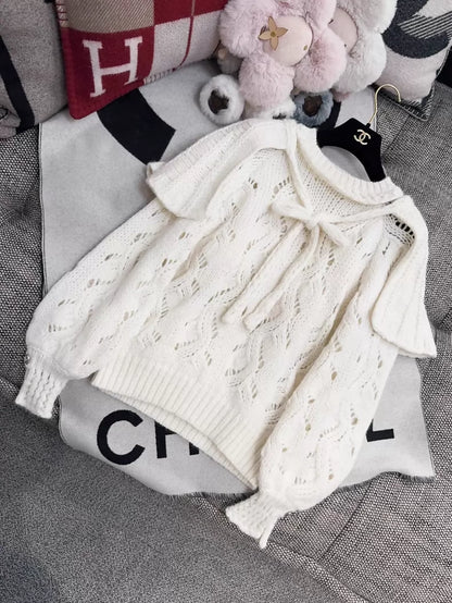 Chanel 21B White Bow Tie Cape Sweater with Heart-Button