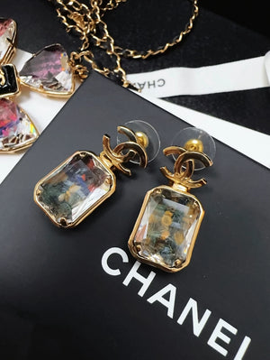 Chanel 22K square crystal blue-green CC earrings