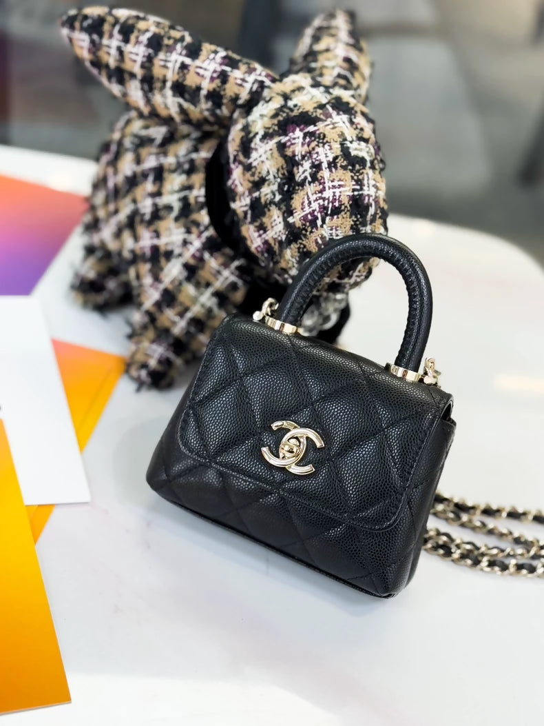Chanel 25c mini Coco handle black leather with gold hardware chain bag