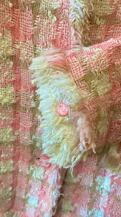 Chanel 04C Pink White Cream Fringe Tweed Checker Jacket FR 42
