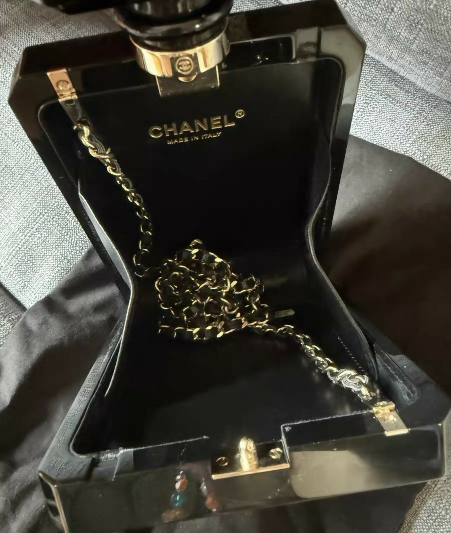 Chanel Runway Perfume Bottle Minaudière / Clutch Bag Black Resin with Gold Hardware