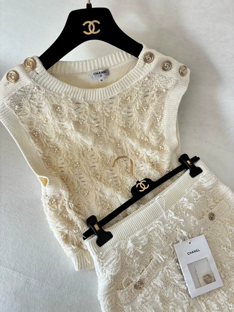 Chanel 21S ecru Beaded and Rhinestone Top