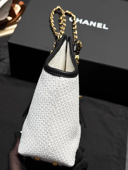Chanel 26C Small White Woven Tote Bag with Black Trim