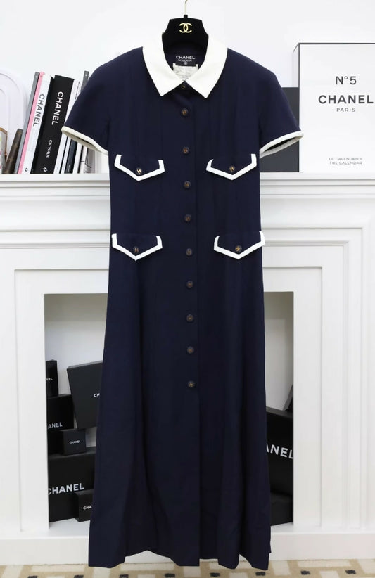 Chanel 1993 Navy Blue Four-Pocket Lapel Maxi dress