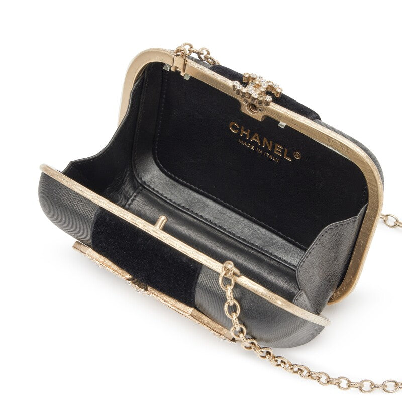 Chanel 2015 Paris-Salzburg Buckle Minaudière in Black Lambskin and Velvet Strass Embellished Light Gold Hardware