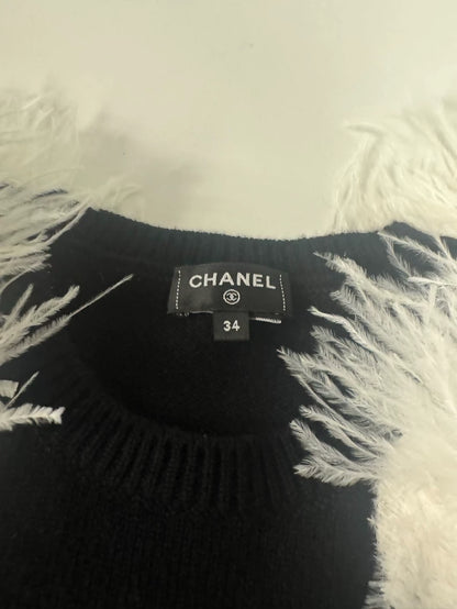 Chanel 23K black sweater with ostrich white feathers