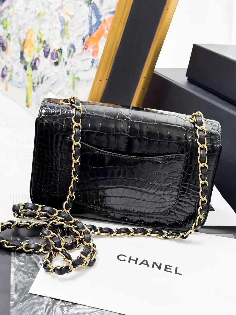 Chanel 2017 CF Mini Black Crocodile leather gold Chain Bag