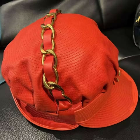 Chanel Vintage Fall 1991 Casquette in Red Leather with Gold CC Logo and Chain Detail