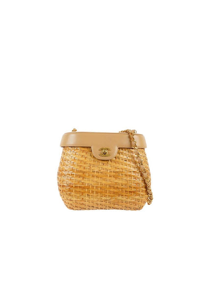 Chanel Wicker Basket Bag With beige leather Flap Bucket