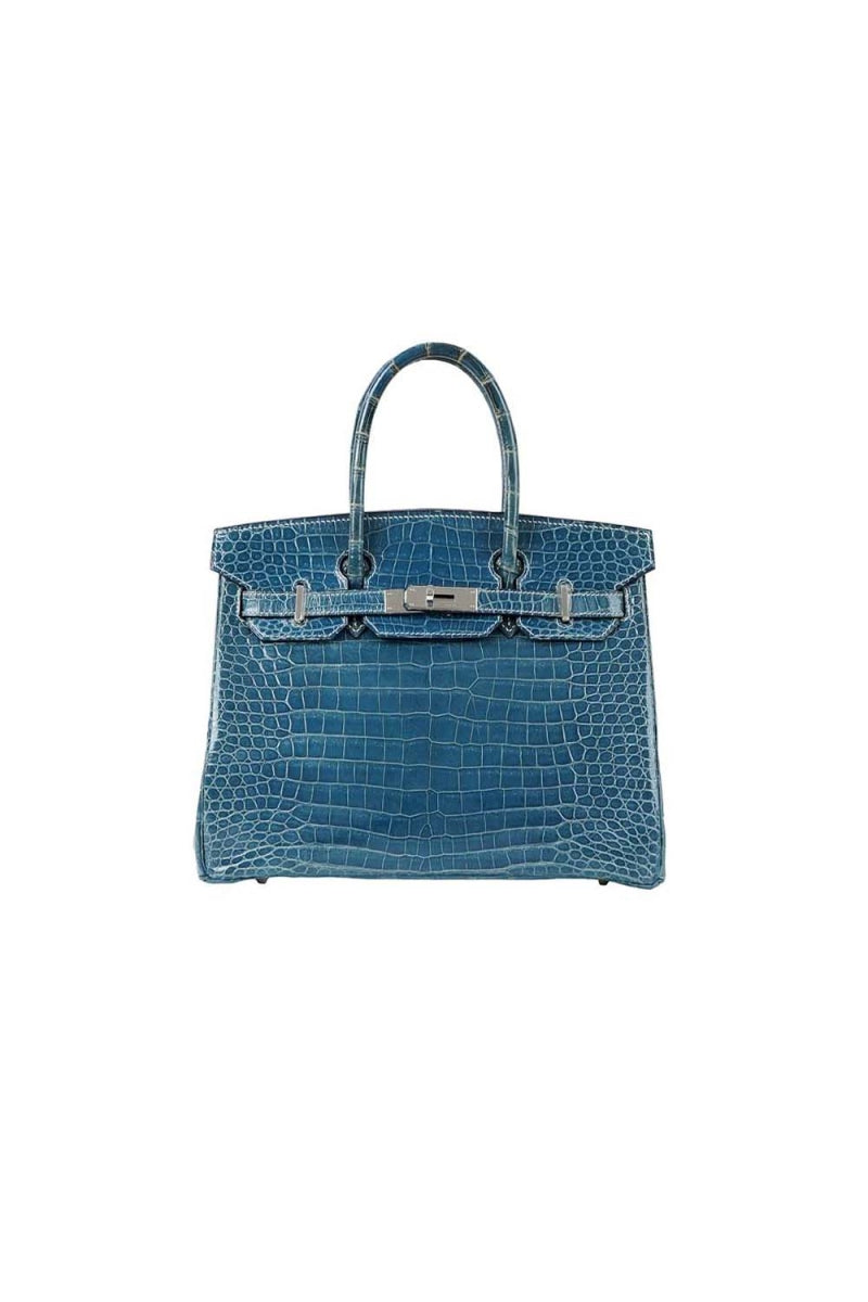 rare Hermes Birkin 30 blue denim crocodile leather palladium hardware