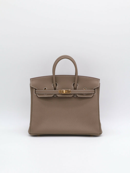 Hermès Birkin handbag in taupe grained leather with contrast white stitching and gold-tone hardware