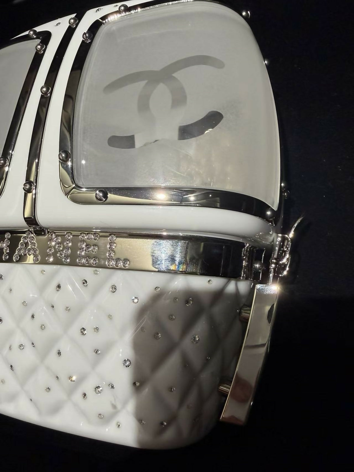Chanel 2019 Limited Edition Ski Cable Car / Gondola Lift Minaudière Clutch Bag White Resin & Strass Silver Hardware
