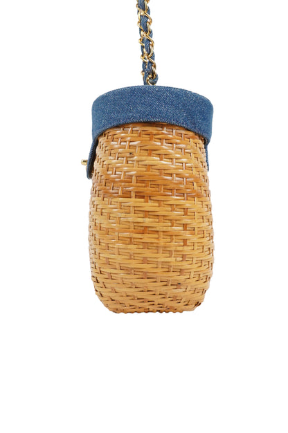 Chanel Wicker Basket Bag With Denim Flap Bucket