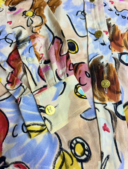 Iconic Chanel 95P Barbie Collection CC Multicolor 100% Silk Logo Blouse FR 42/44