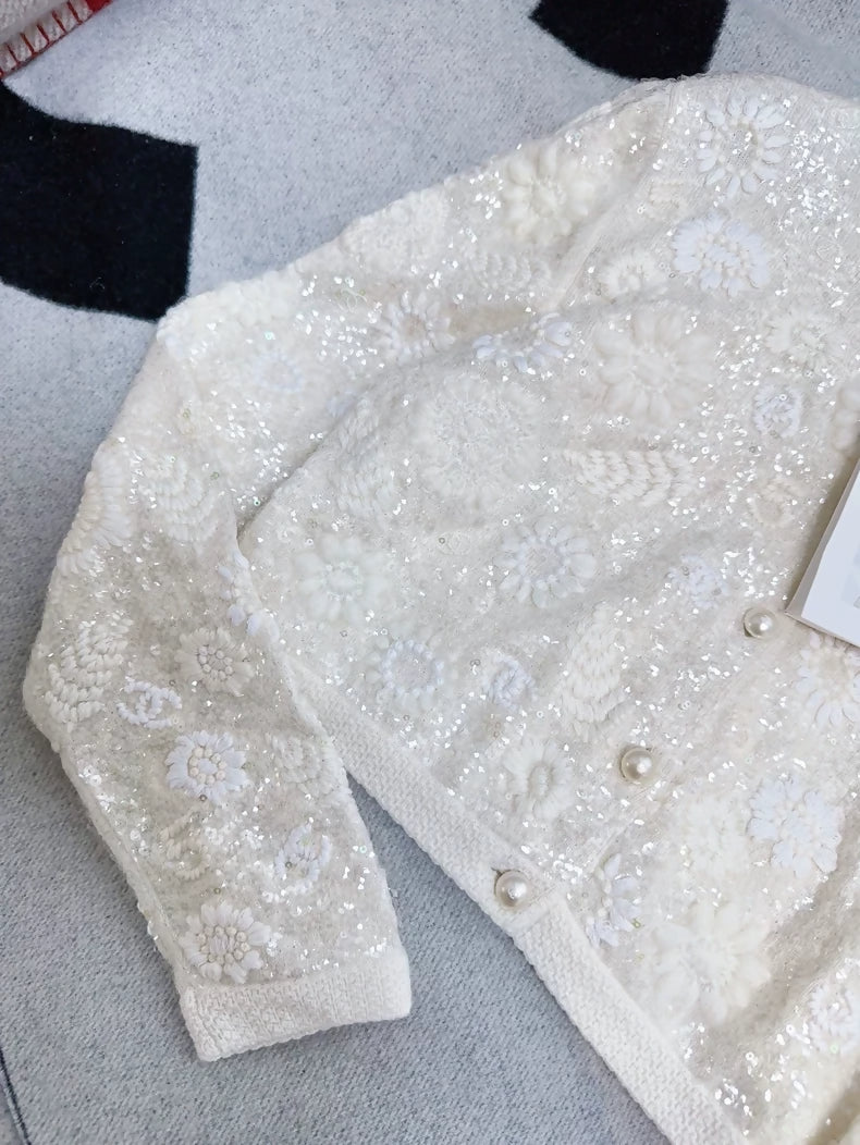 Chanel 21S ecru embroidered sequined camellia knit cardigan