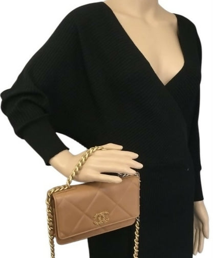 Chanel 19 Caramel Lambskin 21P Wallet On Chain WOC Mixed Metal Hardware