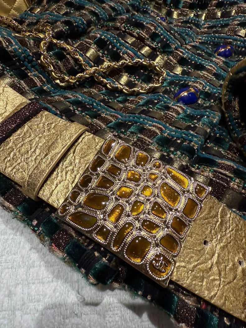 Chanel 19A Egyptian gold green tweed jacket
