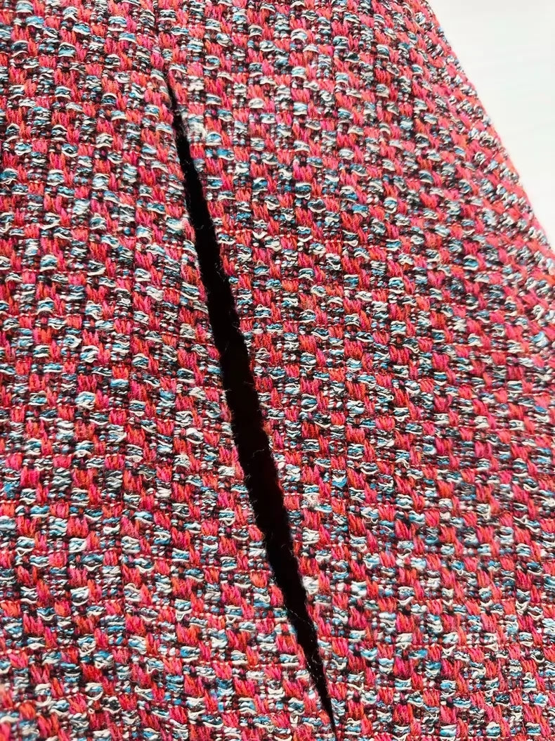 Chanel Red Long Cape Coat with Fine Shimmer Trim