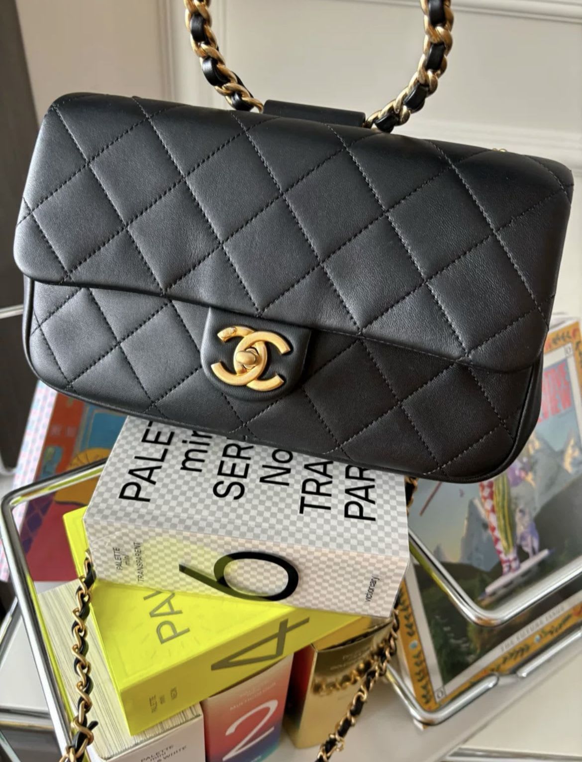 Chanel Circular Handle Flap Bag Black Lambskin Aged Gold Hardware