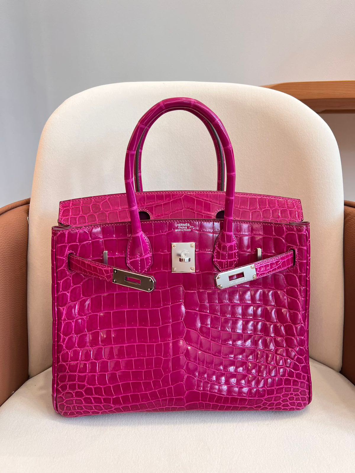 Hermes Birkin 30 Rose Pourpre Shiny Niloticus palladium hardware