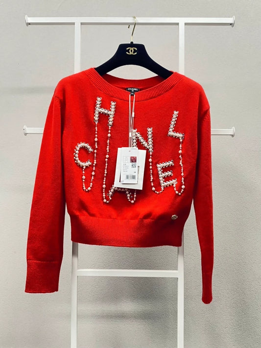 Chanel 21S red rhinestone pearl letter sweater