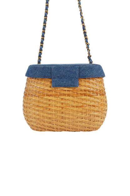 Chanel Wicker Basket Bag With Denim Flap Bucket