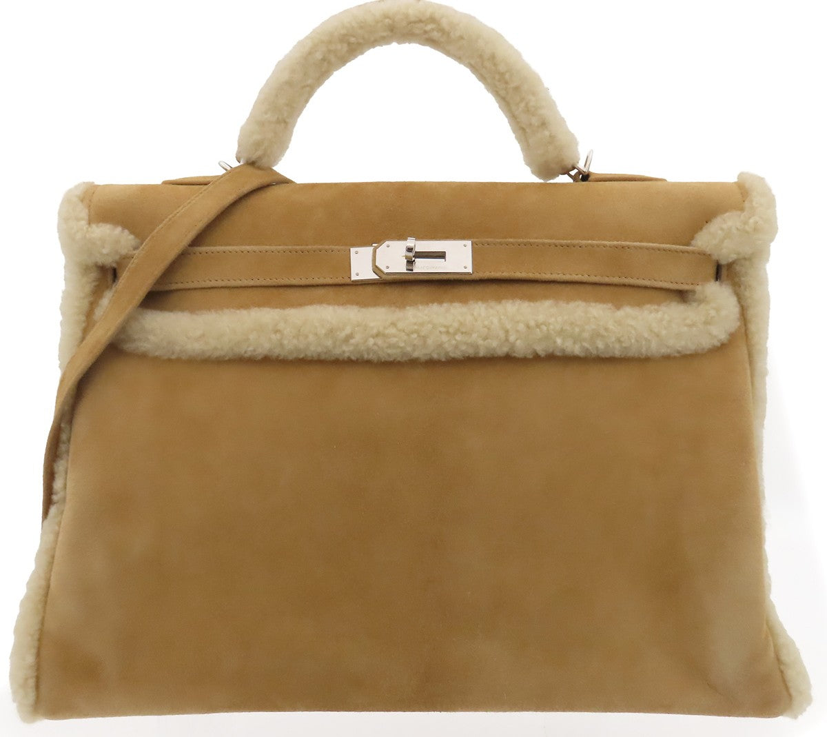 Hermes Kelly 40 Veau Doblis Suede Shearling Teddy Palladium Hardware
