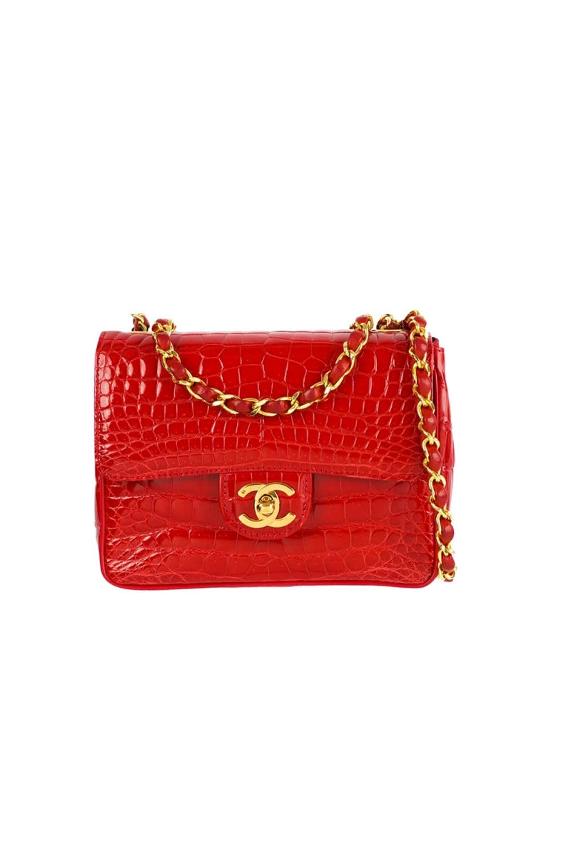Chanel red shiny Alligator leather mini square flap bag with gold hardware