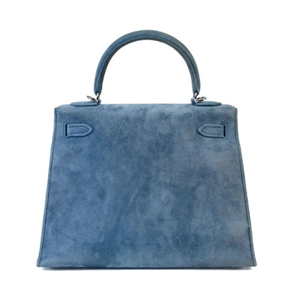 Vintage Hermes kelly 25 blue doblis suede leather palladium hardware